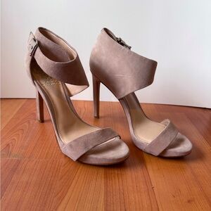 Vince Camuto suede strappy heels in neutral taupe brown